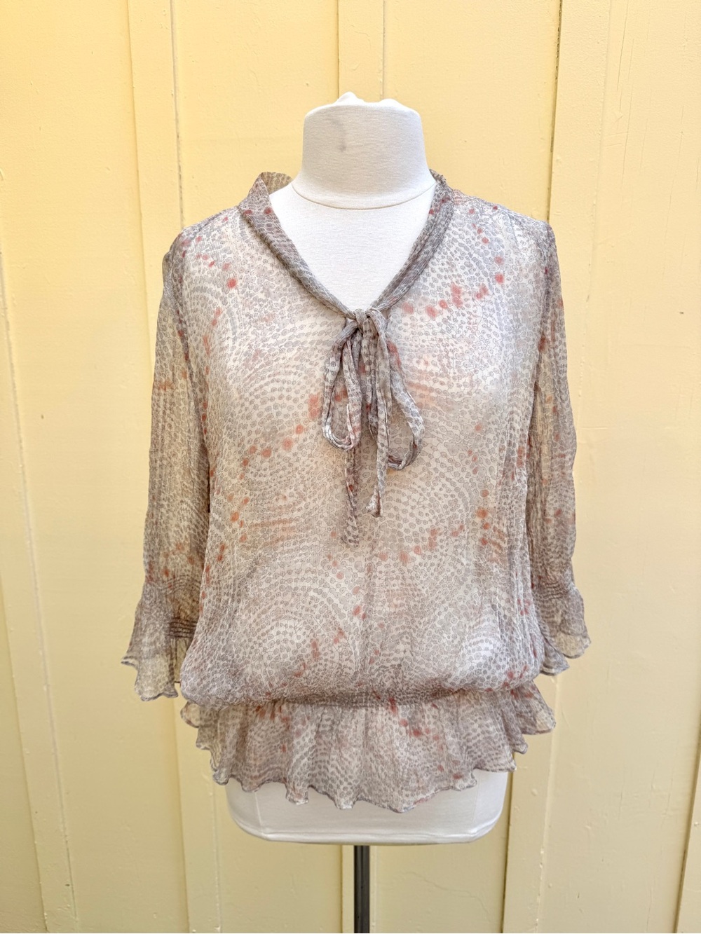 Cotélac Sheer Silk Blouse Tie Neck Smocked Boho Sz 1 S, French Designer Romantic
